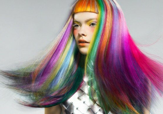Rainbow hair with orange bangs